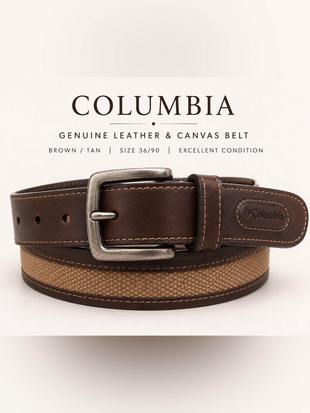 Columbia Genuine Leather & Canvas Belt Brown Tan Size 36/90 - Picture 1 of 12